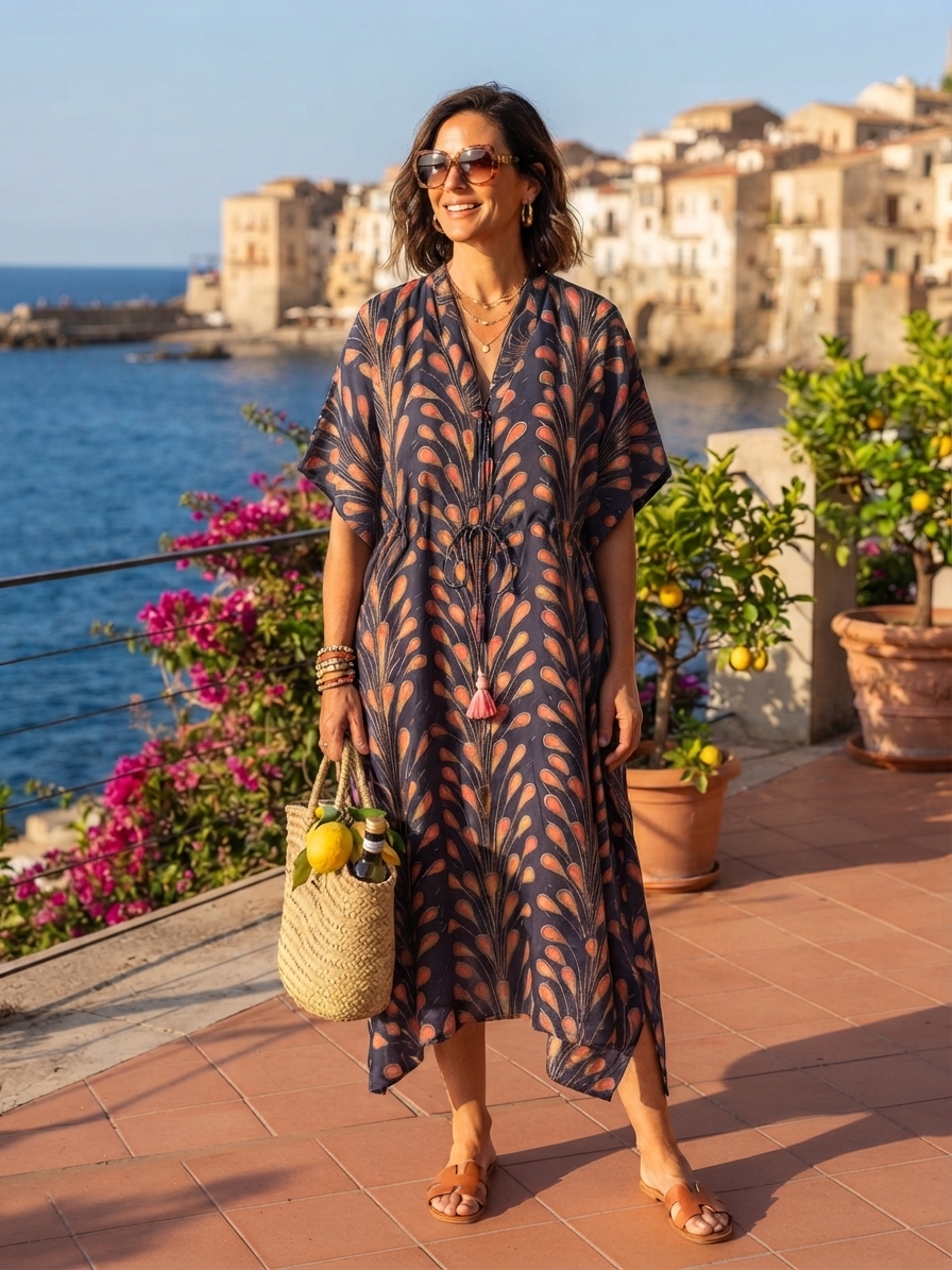Durga Caftan Long Grey peacock