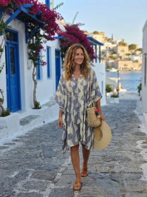 Durga Short Kaftan in grey tree print with golden foil made from silk blend fabric Tags
