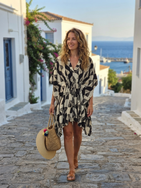 Durga Short Kaftan – Black Tree Print with Golden Foil
