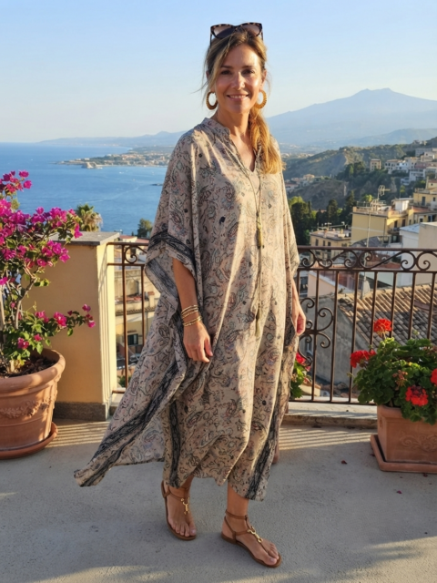 Durga Caftan Long Grey paisley