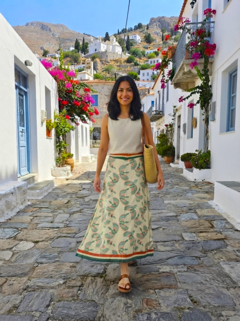 Fly Green printed cotton silk skirt in green and natural tones