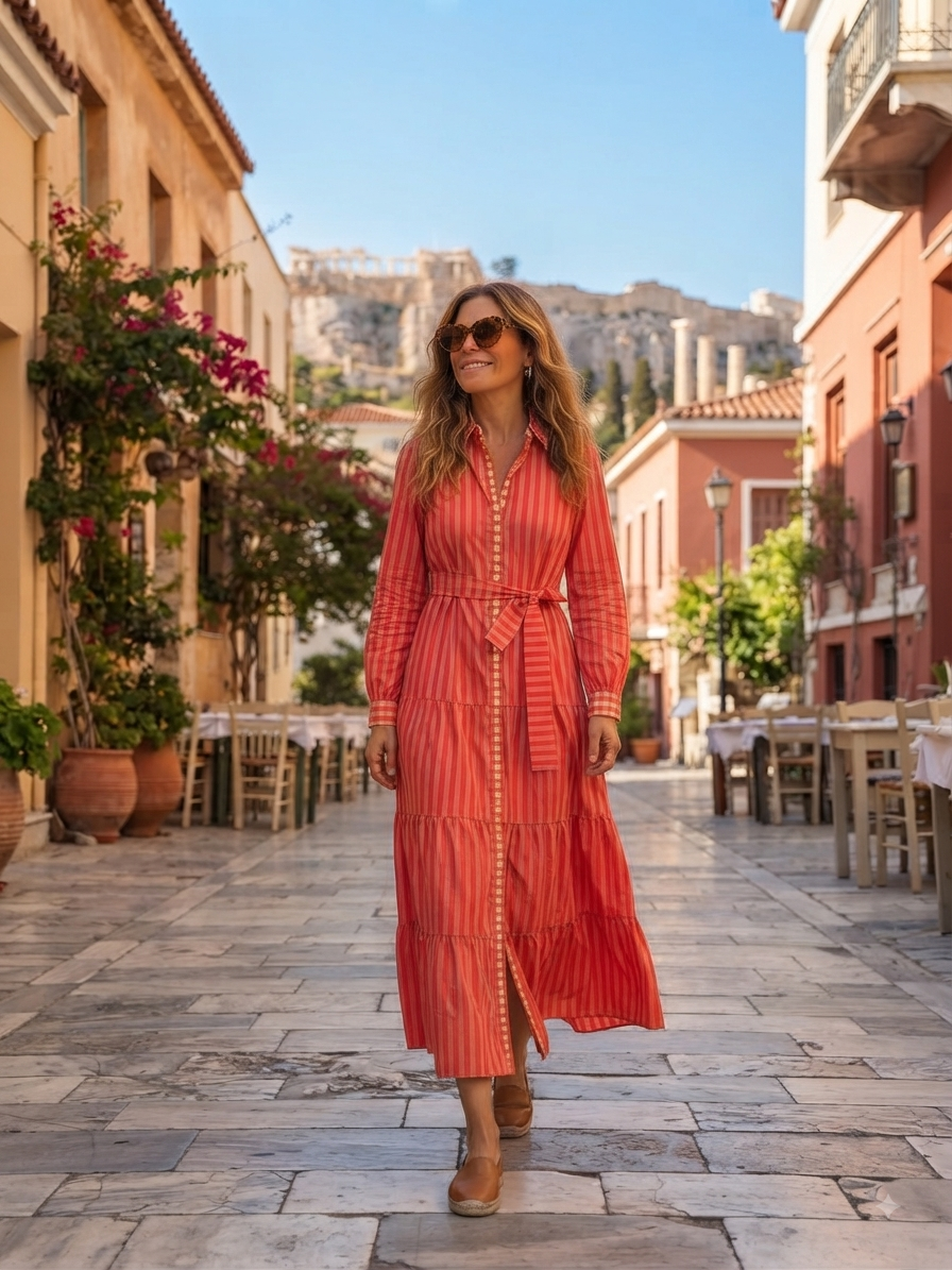 Ikaria long cotton button dress with stripes and checks combination