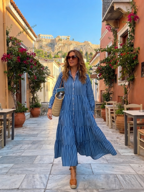 IKARIA LONG BUTTON DRESS Blue