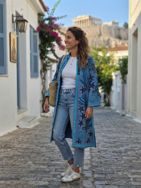 Cotton Embroidered Kimono Jacket-Blue