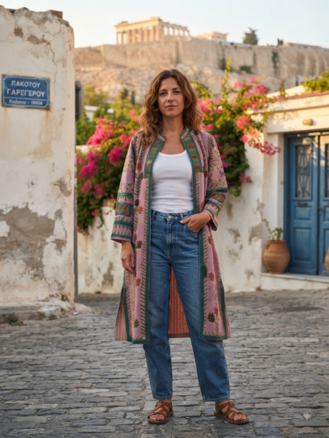 Cotton Embroidered Kimono Jacket-Pink