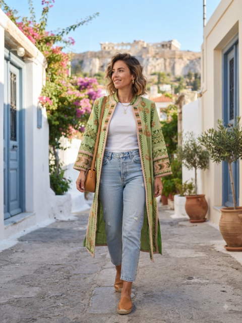 Cotton embroidered kimono jacket with relaxed one-size fit