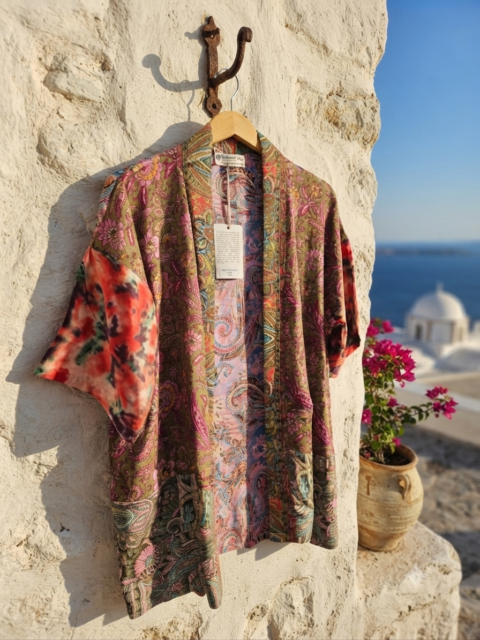 One-of-a-kind unisex patchwork kimono in mixed patterned fabrics