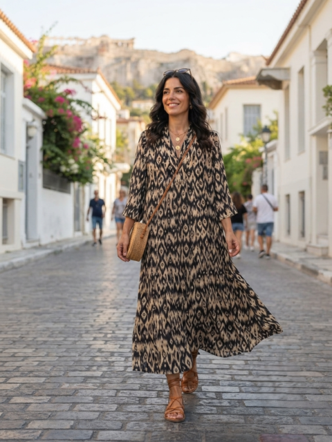 Marsha long saree silk dress with zig-zag print and golden foil details