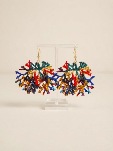Handmade beaded earrings coral shape small green