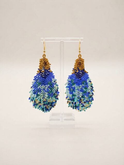 Peacock Feather Handmade Beaded Earrings – Colombia - blue