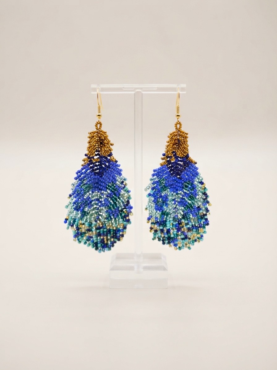 Peacock Feather Handmade Beaded Earrings – Colombia - blue
