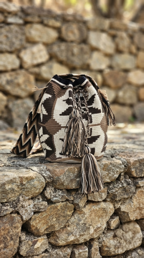 Handmade Wayuu Bag – Black & Brown Woven Shoulder Bag with Tassels | Artisan Craft from Colombia