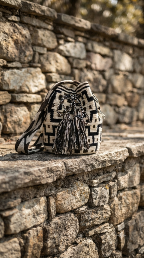 Handmade Wayuu Bag – Black,brown, offwhite Woven Shoulder Bag with Tassels | Artisan Craft from Colombia