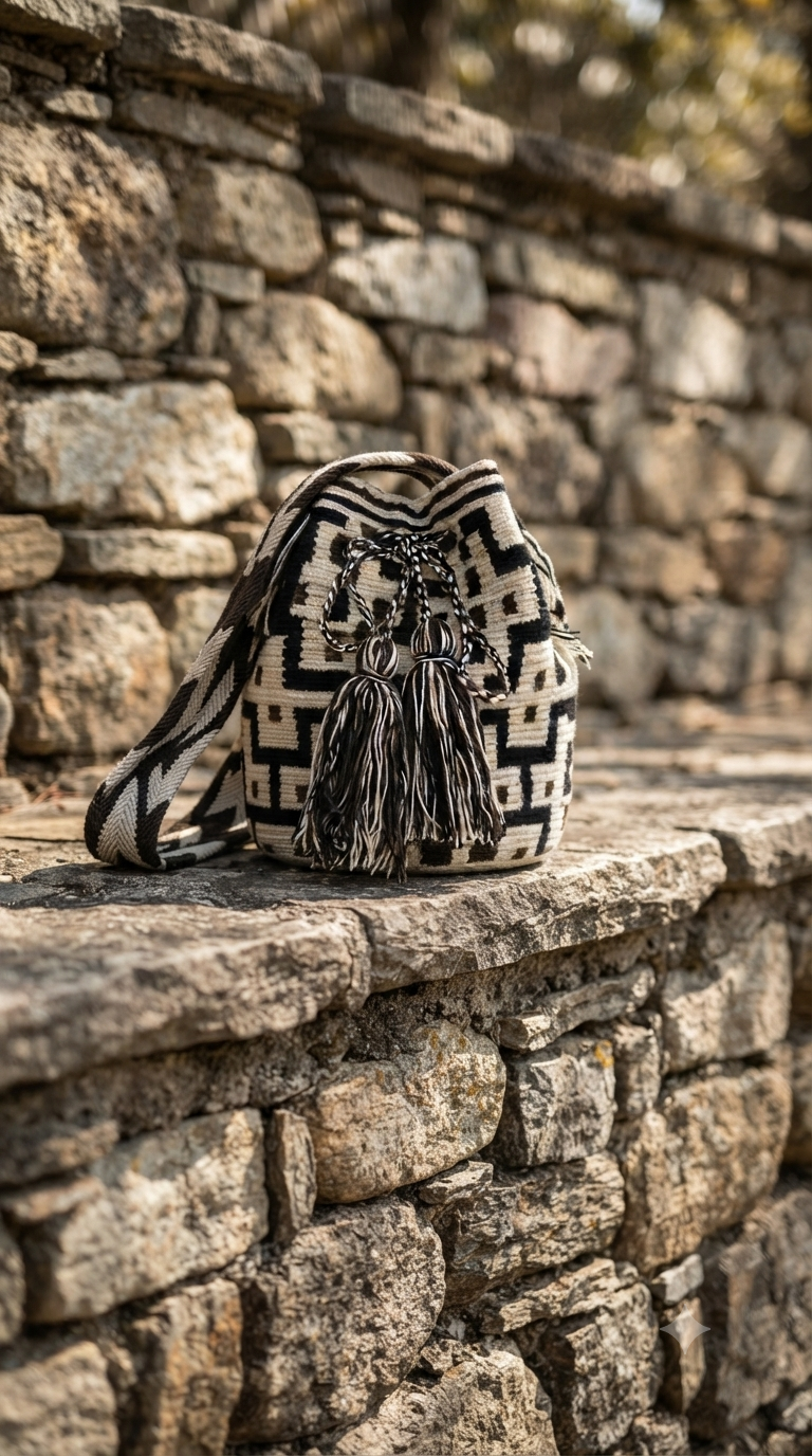 Handmade Wayuu Bag – Black,brown, offwhite Woven Shoulder Bag with Tassels | Artisan Craft from Colombia