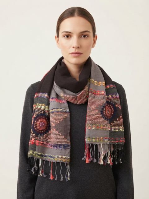 Wool Embroidered Shawl | Hand-Embroidered Wrap (70×180 cm) brown