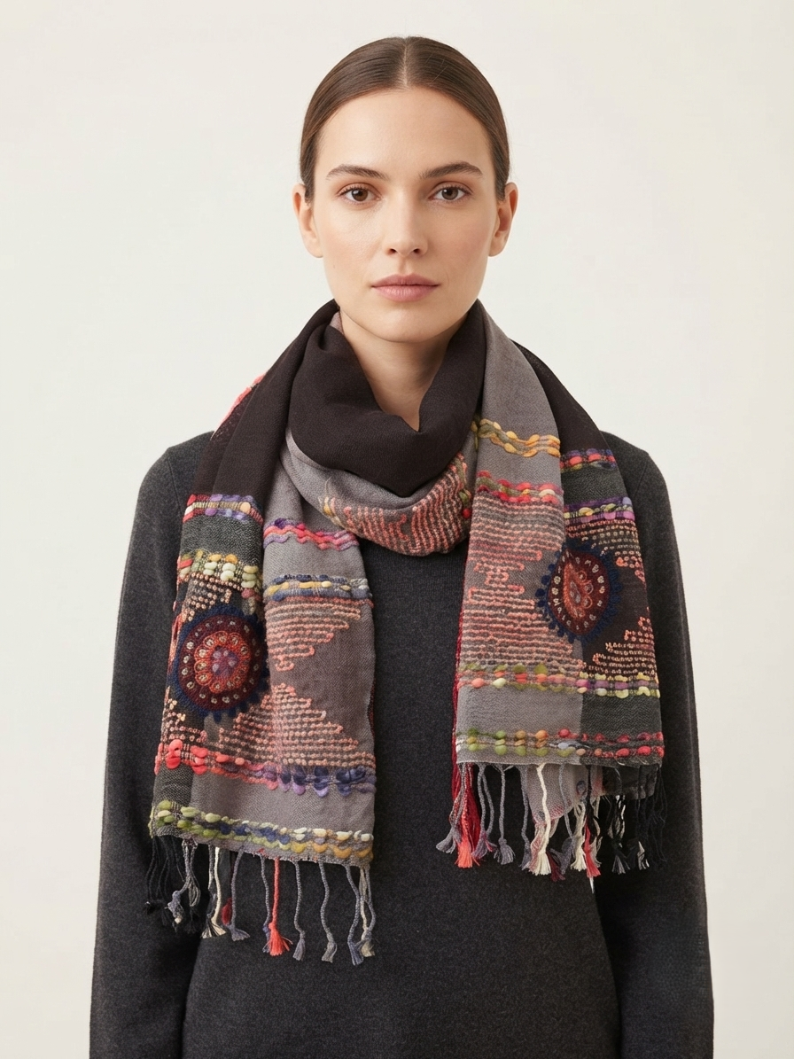 Wool Embroidered Shawl | Hand-Embroidered Wrap (70×180 cm) brown