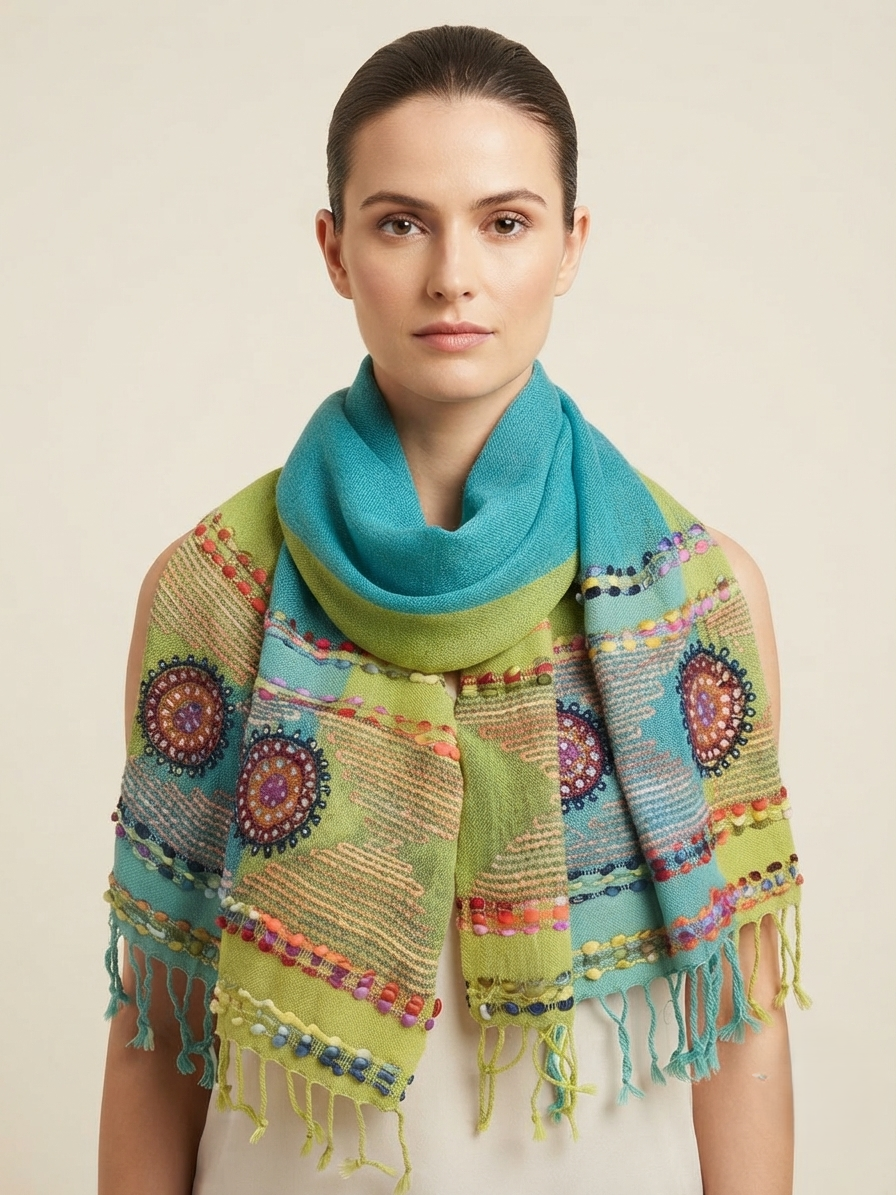 Wool Embroidered Shawl | Hand-Embroidered Wrap (70×180 cm) green