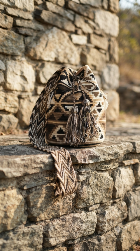 Handmade Wayuu Bag – Black & Brown Woven Shoulder Bag with Tassels | Artisan Craft from Colombia