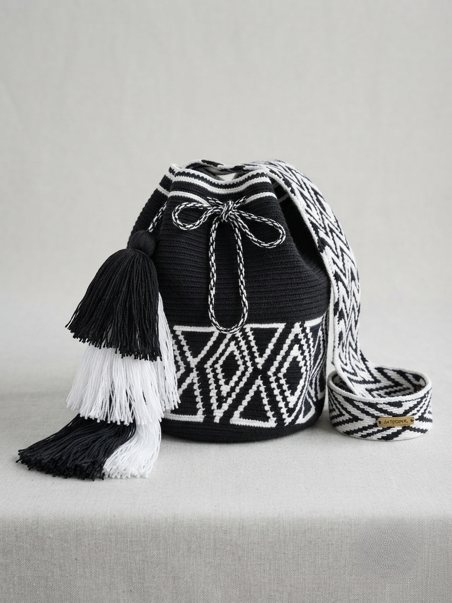 Handmade Wayuu Bag – Black and white Woven Shoulder Bag with Tassels | Artisan Craft from Colombia