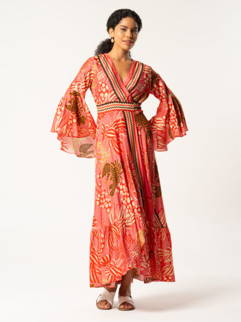 Aphrodite Wrap Dress – Lobster Coral Print | Luxury Cotton Silk | Limited Edition Resortwear