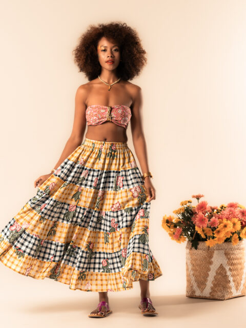 Cotton Maxi Skirt – checks flowers combo