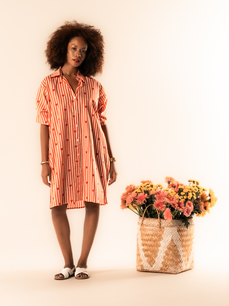 Oversized Shirt Dress Cotton with Heart Print Orange