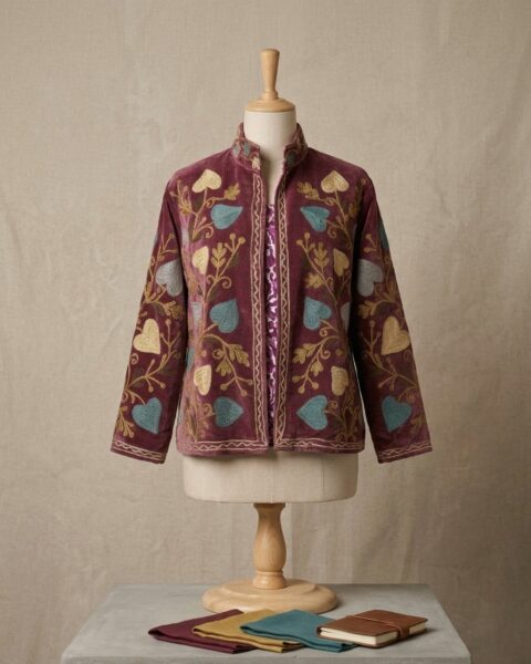 Cotton velvet Suzani embroidered jacket with colourful heart and botanical motifs and cotton lining