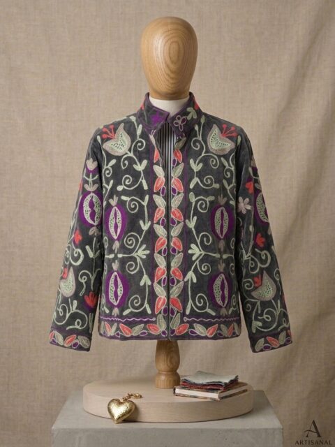 Cotton Velvet Suzani Embroidered Jacket – Free Size-grey color