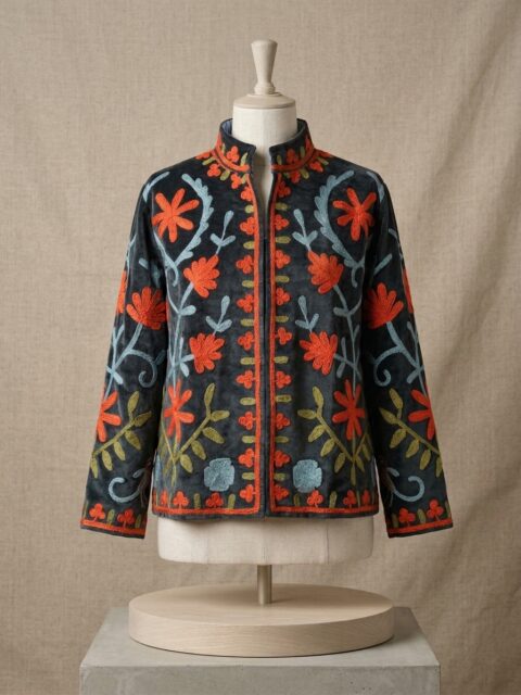 Cotton Velvet Suzani Embroidered Jacket – Free Size-black color