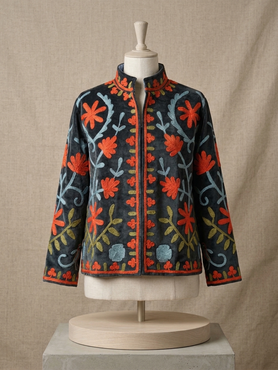 Cotton Velvet Suzani Embroidered Jacket – Free Size-black color
