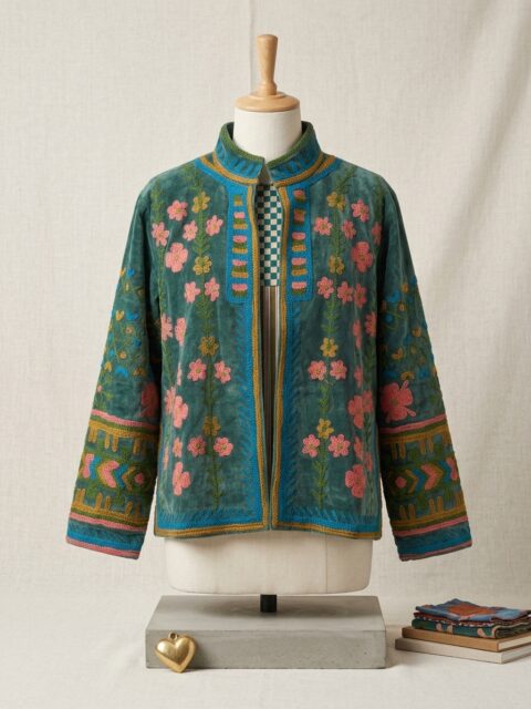 Cotton Velvet Suzani Embroidered Jacket – Free Size-green color