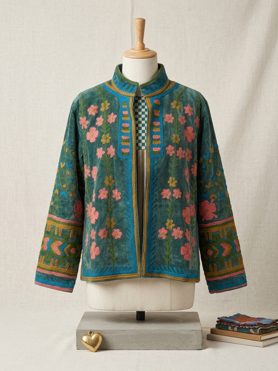 Cotton Velvet Suzani Embroidered Jacket – Free Size-green color