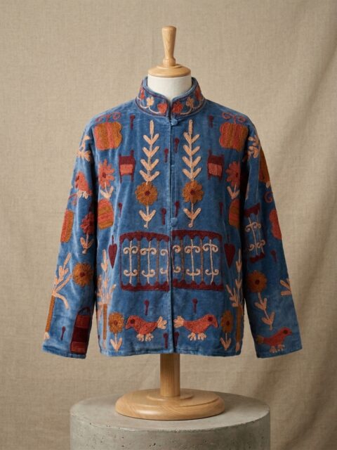 Cotton Velvet Suzani Embroidered Jacket – Free Size-blue color