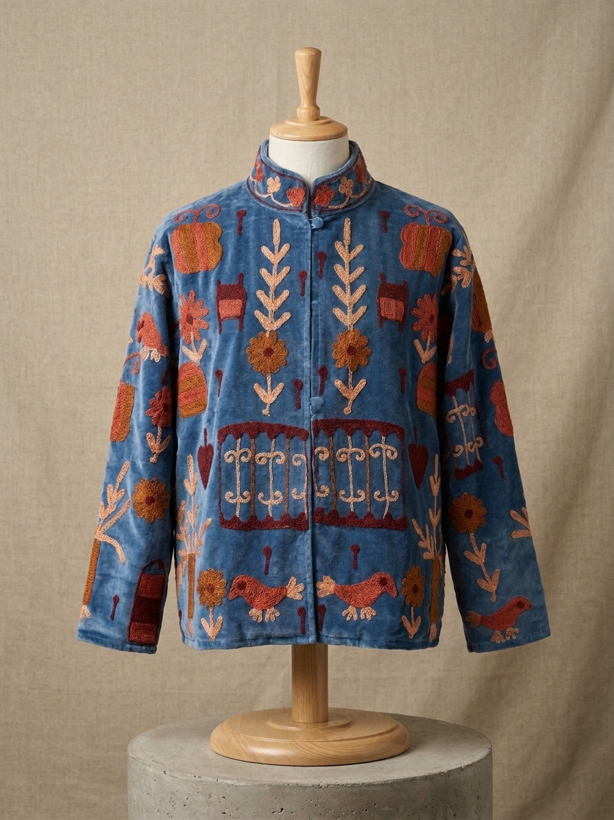 Cotton Velvet Suzani Embroidered Jacket – Free Size-blue color