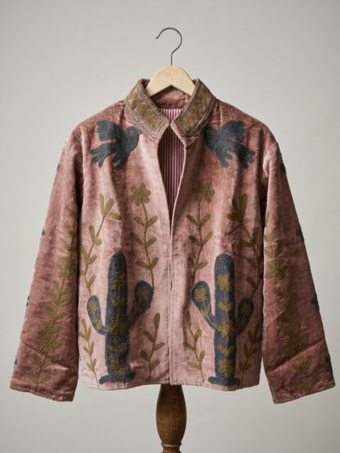 Cotton Velvet Suzani Embroidered Jacket – Free Size-dusty pink color