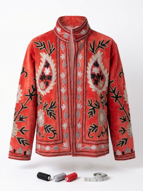 Cotton Velvet Suzani Embroidered Jacket – Free Size-orange color