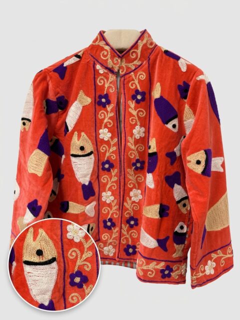 Cotton Velvet Suzani Embroidered Jacket – Free Size-orange fish