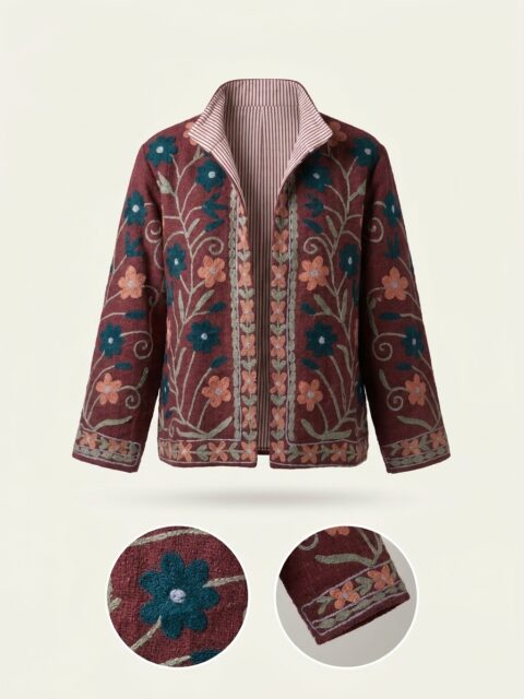 Cotton Velvet Suzani Embroidered Jacket – Free Size-burgundy color