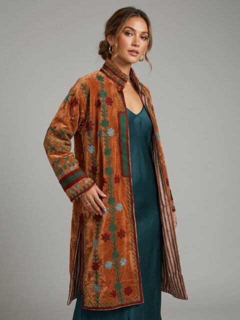 Velvet Brown Suzani Kimono | Long One Size
