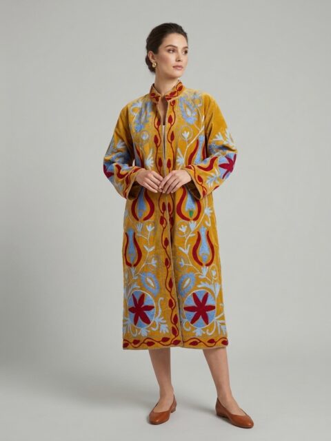 Velvet mustard Suzani Kimono | Long One Size