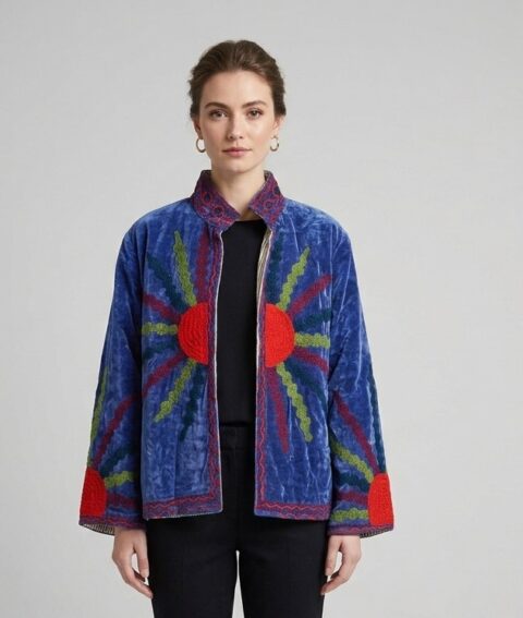 Cotton Velvet Suzani Embroidered Jacket – Free Size-blue color