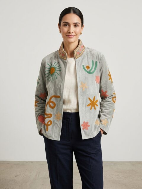 Cotton Velvet Suzani Embroidered Jacket – Free Size-color grey