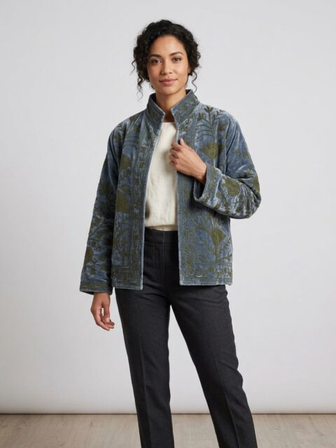 Cotton Velvet Suzani Embroidered Jacket – Free Size-grey color
