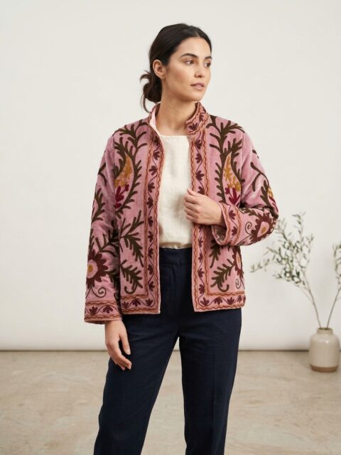 Cotton Velvet Suzani Embroidered Jacket – Free Size-dusty pink color