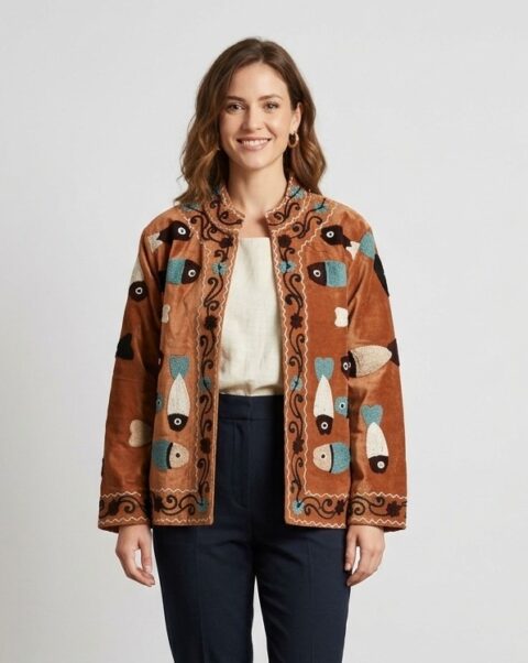 Cotton Velvet Suzani Embroidered Jacket – Free Size-brown fish