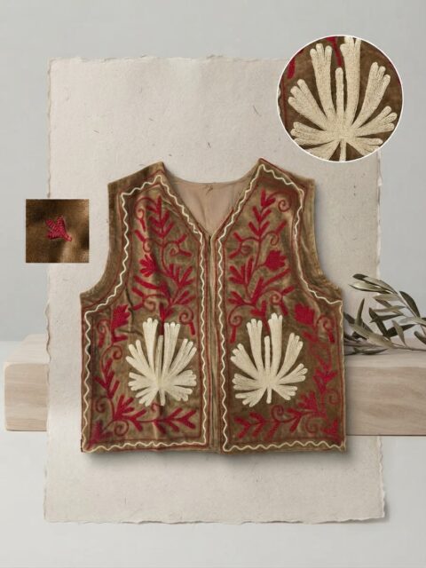 Velvet Suzani embroidered sleeveless vest with intricate floral embroidery